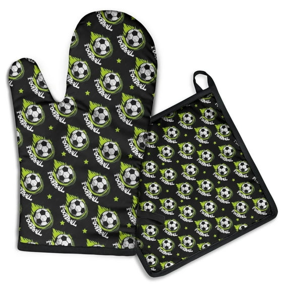 Black Soccer Balls with Green Elements Pattern Kitchen Oven Mitt and Pot Holder Sets 4 Pcs for Baking, Cooking and Grilling, Heat Resistant Up To 392 °F