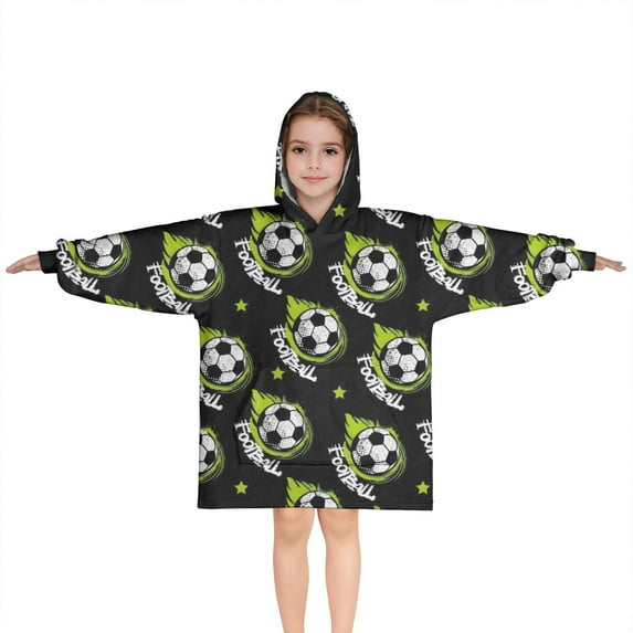 Black Soccer Balls with Green Elements Pattern Blanket Hoodies for Kids 6-13YR Oversize Wearable Blanket Hoodies for Boys Girls Teens