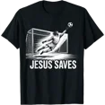 thumbnail image 1 of Black Soccer Goalie T-Shirt with 'Jesus Saves' Graphic for Faith-Inspired Players, 1 of 5