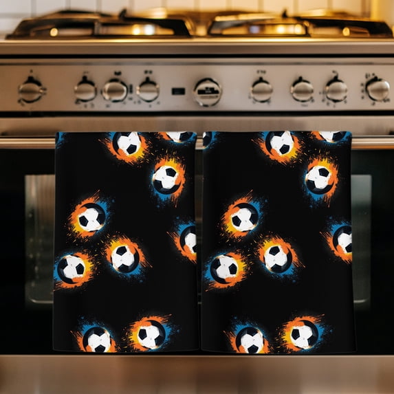 Black Soccer Kitchen Towels Set of 3, Orange Blue Football Sports Absorbent Dish Towels for Kitchen, Microfiber Hand Towel, Quick Drying Tea Towel for Cleaning Decorative Dishcloths