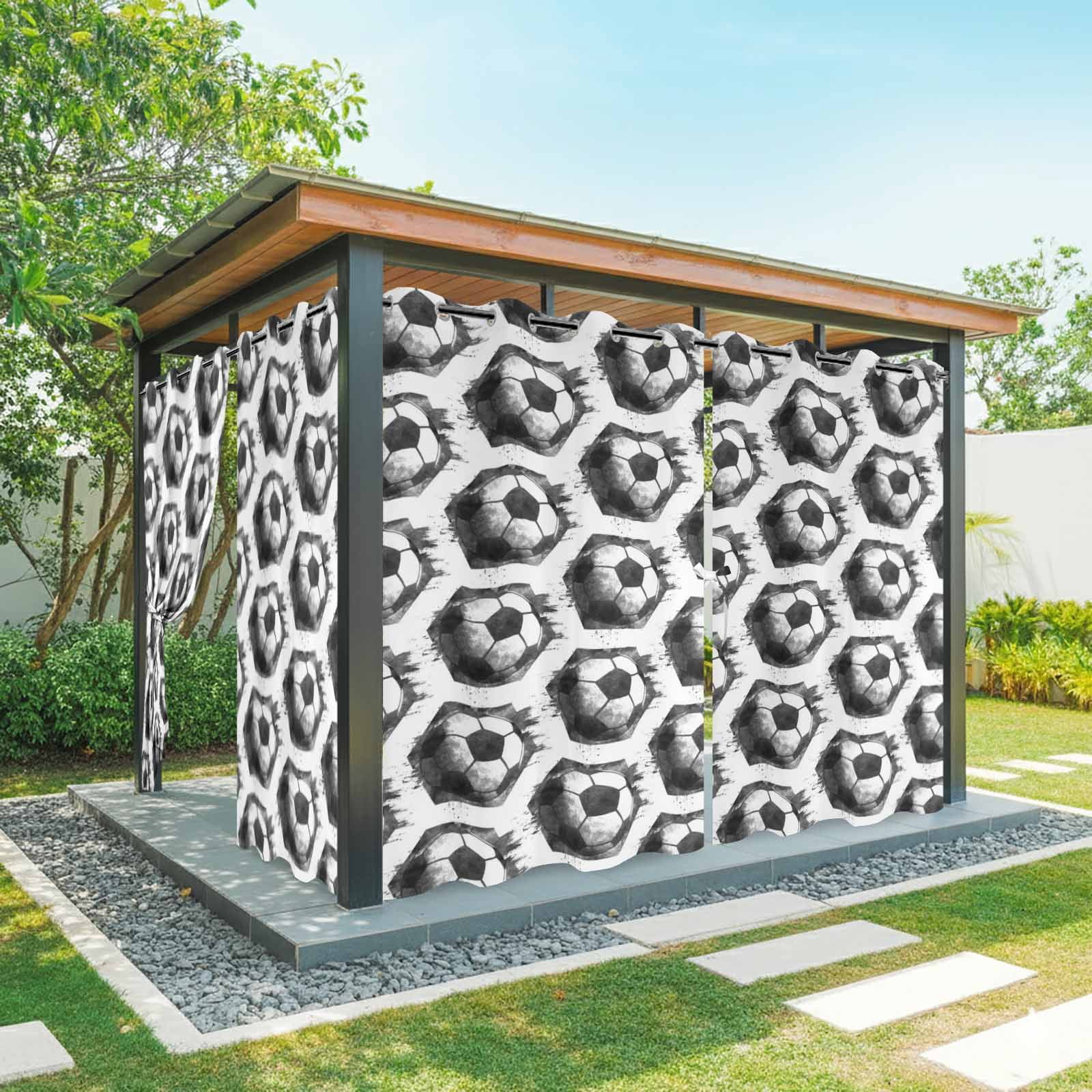 Black Soccer Outdoor Curtains for Patio, Modern Classic Football Match Sport White Wood Grain Sunshade Privacy Drapes Grommet Waterproof Outside Curtains for Porch/Cabana/Balcony 54"x 108", 1 Panel