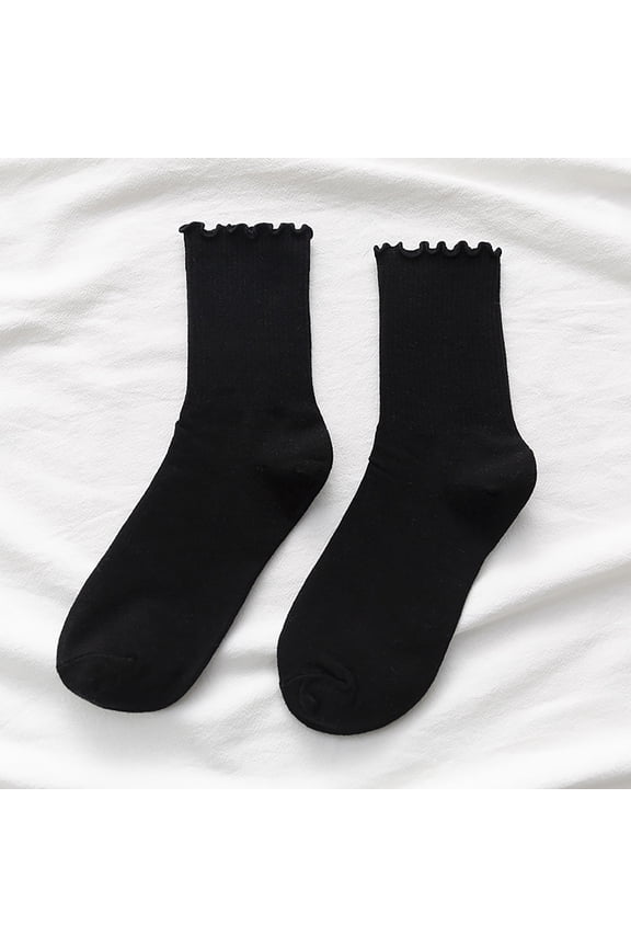 Black Socks 5pc Women's Socks Ruffle Cuff Casual Socks Cute and Comfortable Knitted Ruffled Socks for All Seasons