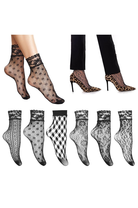 Black Socks Spring and Summer Sexy Jacquard Hollowed Out Short Net Socks Ultra Thin Breathable Short Tube Fishnet Socks Black