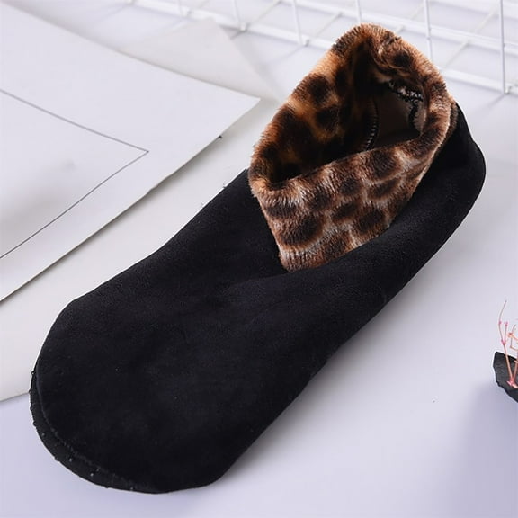Black Socks Women Slipper Socks Fashion Casual Leopard Soft Cozy Double Layer Thicken Plush Winter Feet Warmer Floor Ankle Socks for Daily Wear
