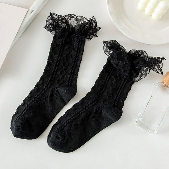 Black Socks Womens Lace Ruffle Frilly Socks Crew Socks Cotton Cute Ankle Dress Socks for Girl White Black Mesh Lace Trim Socks Socks Ankle High Socks for Women