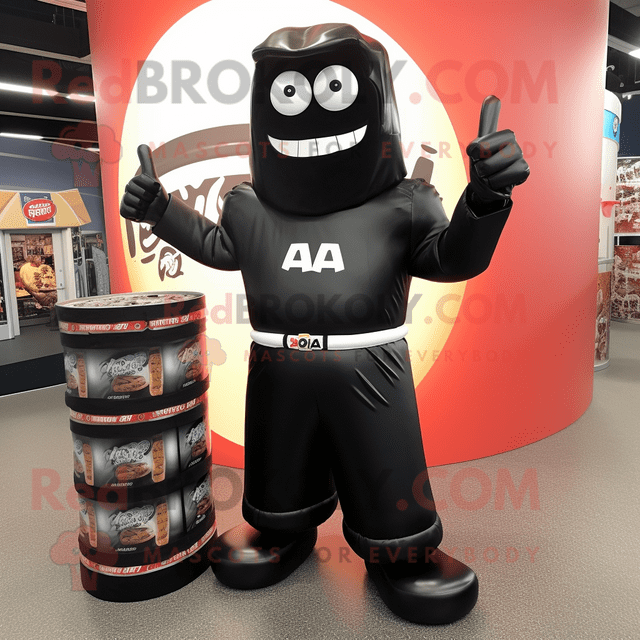 Black Soda Can REDBROKOLY mascot costume character dressed with a Rash Guard and Cufflinks