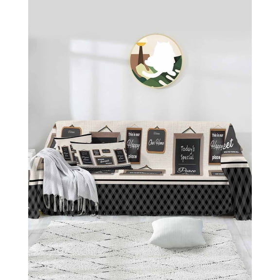 Black Sofa Covers for 3 Cushion,Washable Couch Cover for Sectional Sofa Slipcovers with Tassel,Family Motivational Words Beige Lattice Loveseat Covers Futon Cover Throw Blanket 71''x118''