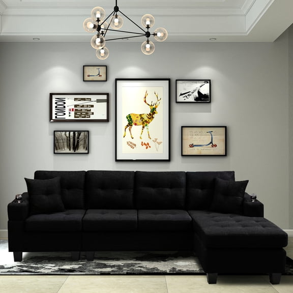 Black Sofa with Footrest - Backrest Pull Point Design - In Living Room - Prevent Floor Scratching