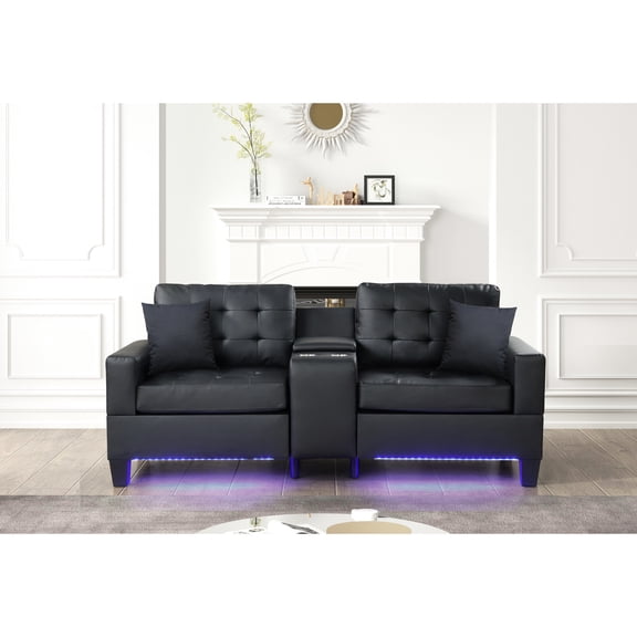 Black Sofa with LED, USB, Cupholders and Tufted Seats / Enjoy a Relaxed Lifestyle at Home