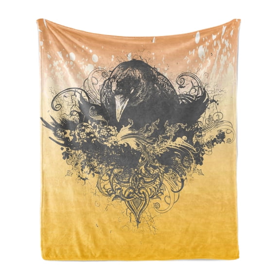 Black Soft Flannel Fleece Blanket, Halloween Theme Vector Illustration of a Wicked Crow and Ornate Flowers Print, Cozy Plush for Indoor and Outdoor Use, 50" x 60", Black and Mustard, by Ambesonne