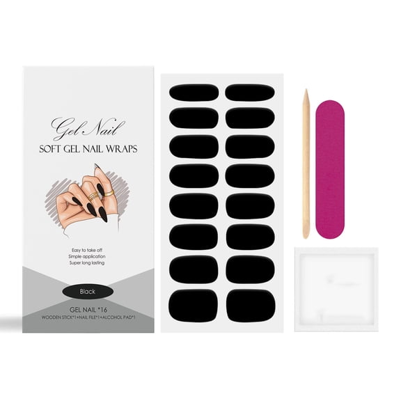 Black Soft Gel Nail Wraps Full Kit, UV LED Curable Gel Nail Strips with Nail File, Wooden Stick & Alcohol Pad, Easy Application & Removal, Long-Lasting DIY Nail Art Sticker for Home Salon