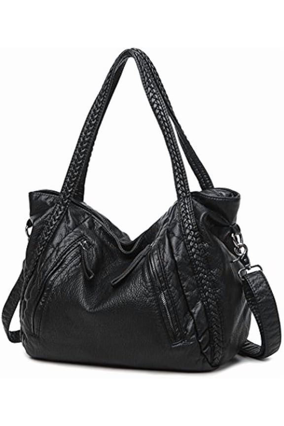 Black Soft Leather Shoulder Purses for Women Large Size Tote Handbags Slouchy Hobo Bags Big Capacity Trendy Shoulder Purse