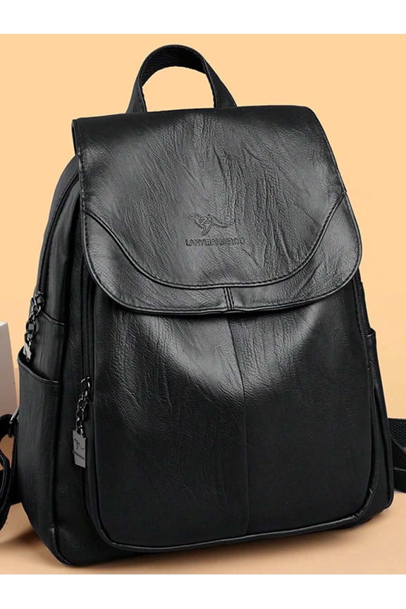 Black Soft PU Leather Flap Front Fashion Backpack With Chain Detail