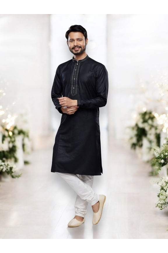 Black Soft Plain Art Silk Kurta Pajama, Traditional Cultural Wear for Mens, 2551