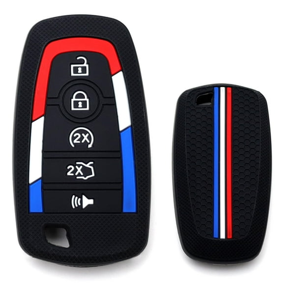 Black Soft Silicone Full Coverage Key Fob Cover w/ Iconic Red/White/Blue US Flag Stripes For Ford 2018-up Mustang Raptor F150 F250 Explorer Expedition 5-Button Smart Key