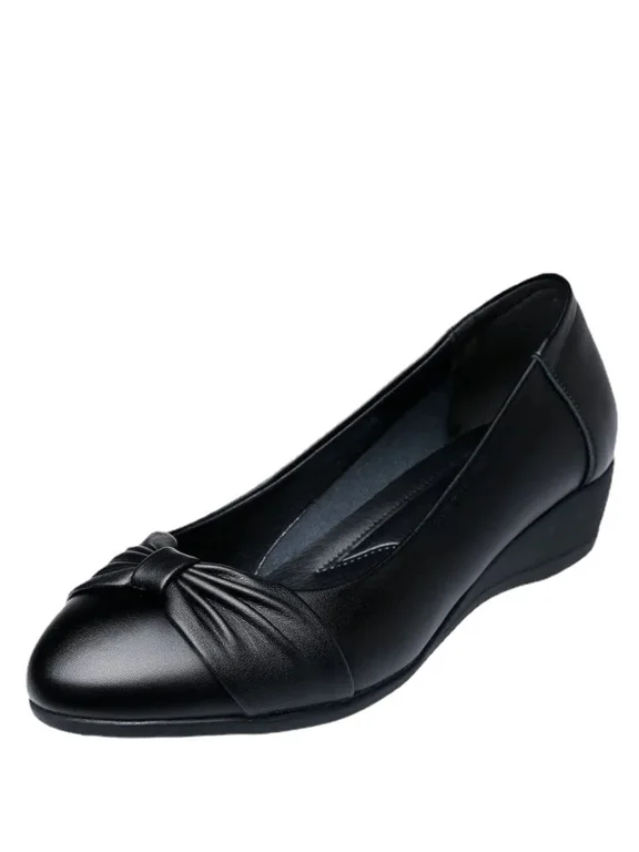 Black Soft Wedge Heel Flats for Ladies, Front Ruched Knot Design Non‑Slip Daily Walking Dress Shoes