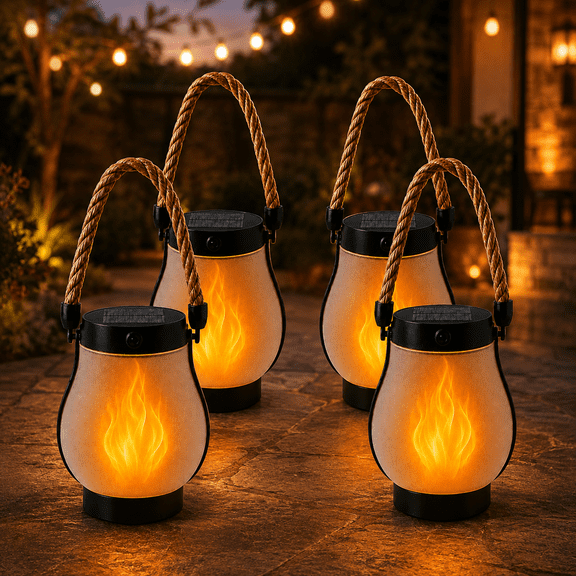 Black Solar Hanging Lanterns 4 Pack, Waterproof Outdoor Lights with 2 Lighting Modes, USB-C Charging and Hemp Rope Handles for Patio Garden Camping