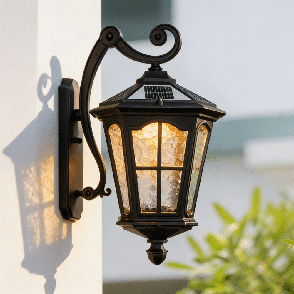 Black Solar Wall Light, Outdoor Amen Style Lamp IP65 Waterproof, 3000K-6000K Adjustable Sconce for Garden Patio Gate Post