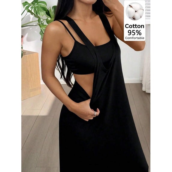 Black Solid Asymmetric Neck Sleeveless Wrap Maxi Dress With Built-In Bra