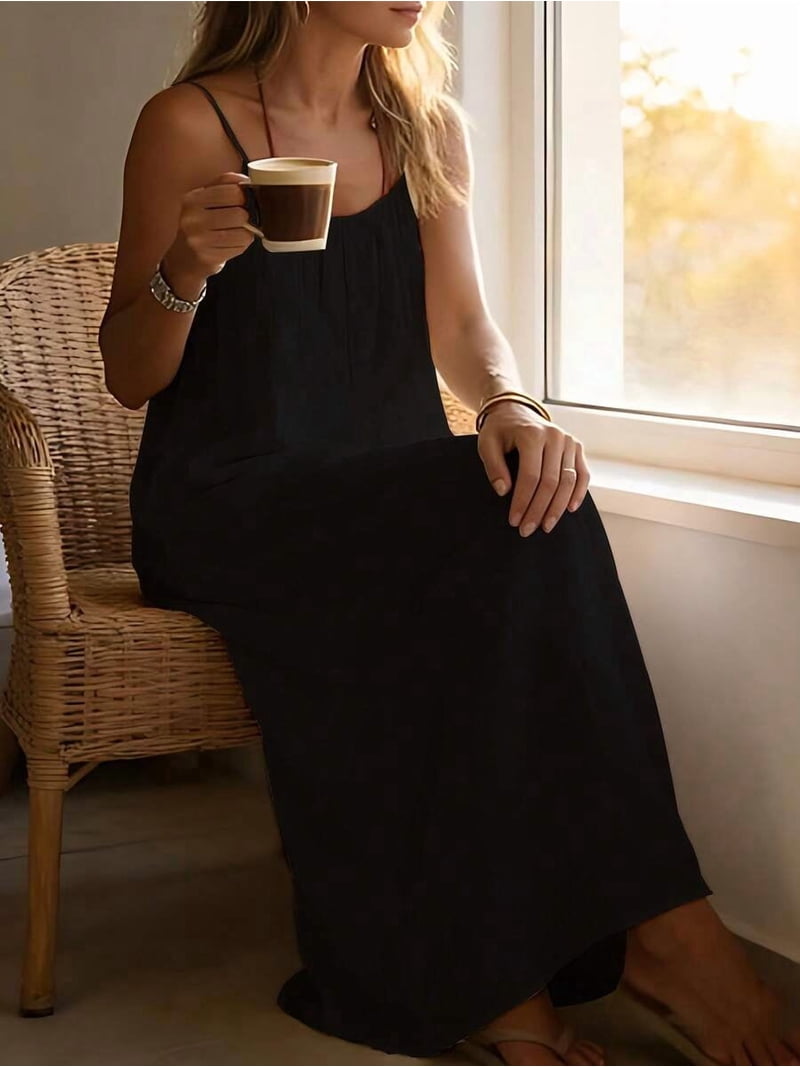 black maxi slip dress Solid Cami Lounge Dress, Sleeveless Long For Summer Indoor Relaxation, Women's, Size: Small Color:Dark red