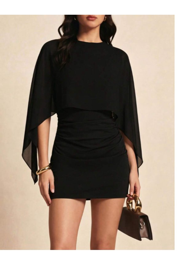 Black Solid Color Bat Sleeve Ruched Two-Piece Mini Dress For Evening, Date, Vacation And Daily Wear