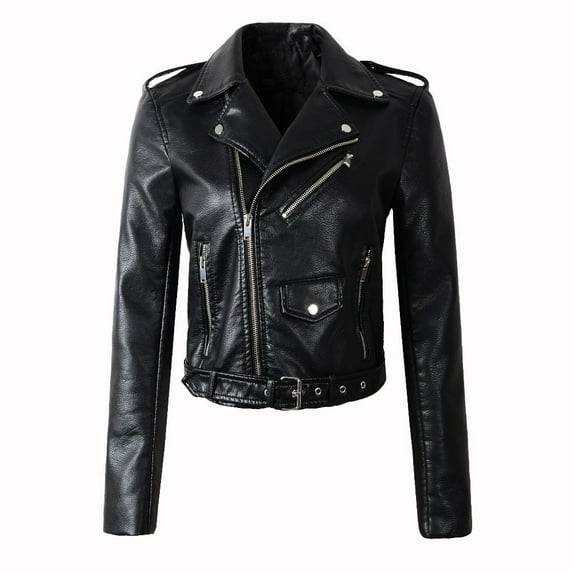 Black Solid Color Jackets, Polyester Women's Plus Size Jackets, Women Ladies Fashion Coat Jacket The Belt Fashion Faux Leather Cool Zipper Decoration Jacket Racing Style Biker Jacket, S