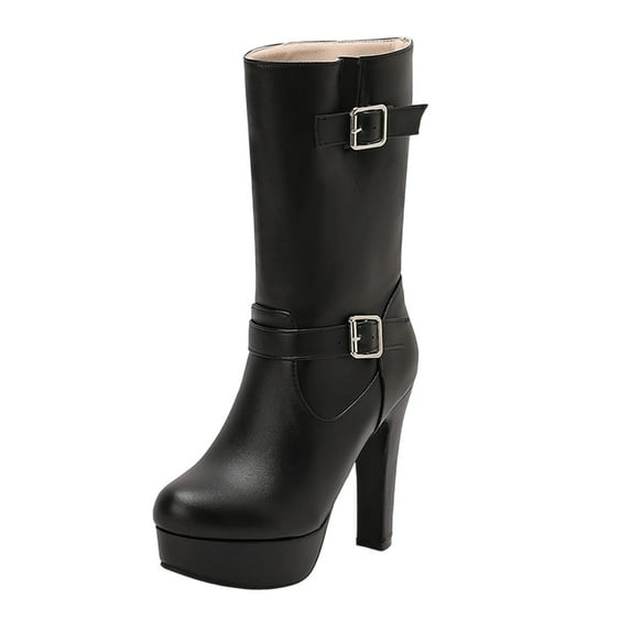 Black Solid Color Mid Calf Boots For Women With Belt Buckle And Platform Heel High Heel For A Fashionable Winter Look