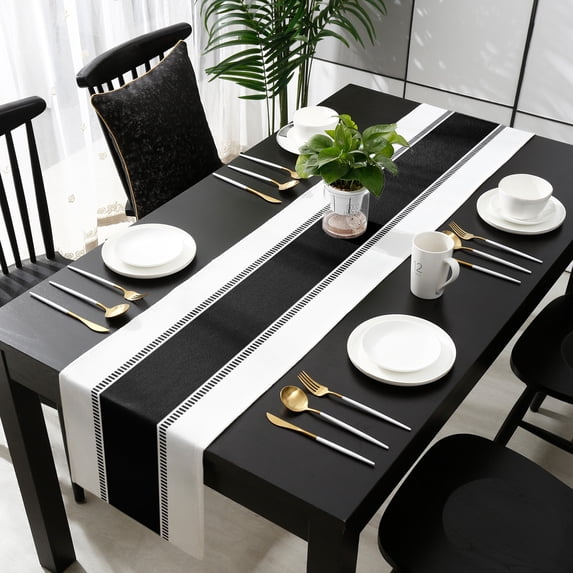Black Solid Color Texture Table Runner 36 Inches Small, Simple Black Stripes Kitchen Dining Burlap Linen Tablerunner for Small/Round/Square/Wedding/Coffee/Dining Table Party Home Décor 13 x 36