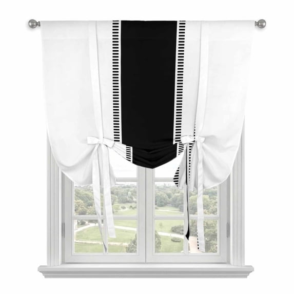 Black Solid Color Texture Tie Up Curtains for Small Windows,Adjustable Rod Pocket Valance 45 Inch Short, Simple Black Stripes Window Treatment Balloon Roman Blind Shade, 34" x 45"
