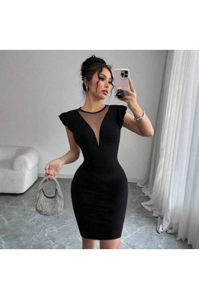 Black Solid Color V-Neck Sheath Dress With Ruffle Cap Sleeves And Mesh Insert, Slim-Fit Elegant Womens Dress