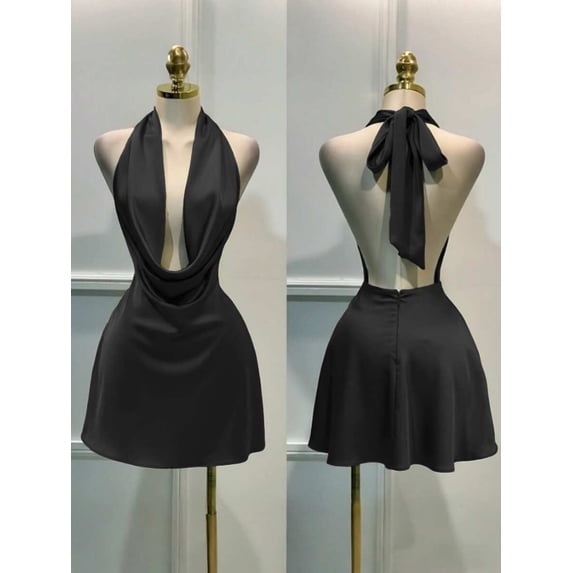 Black Solid Plunging Cowl Neck Halter Tie-Back Mini Dress Summer Elegant