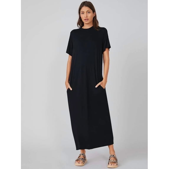 Black Solid Pocket Side Tee Maxi Dress Relaxed Fit