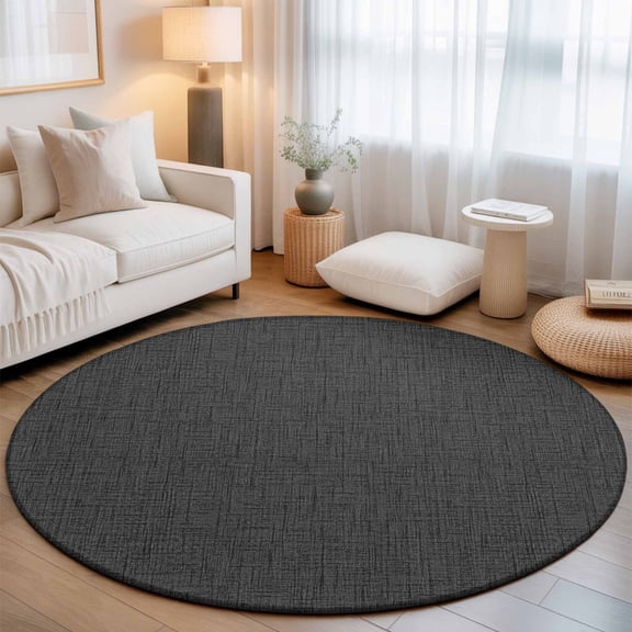Black Solid Small Round Rug 3Ft Minimalist Cloth Industrial Slate Black Linen Texture Area Rugs Washable Non Slip Indoor Floor Mats Circle Carpet for Living Room Bedroom Dining Room Home Decor