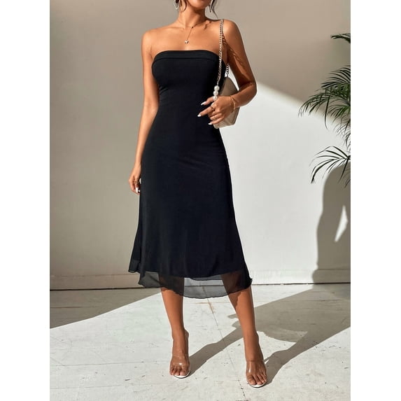 Black Solid Strapless Tube Midi Dress With Sheer Hem, Off-Shoulder Bodycon Summer Dress For Women
