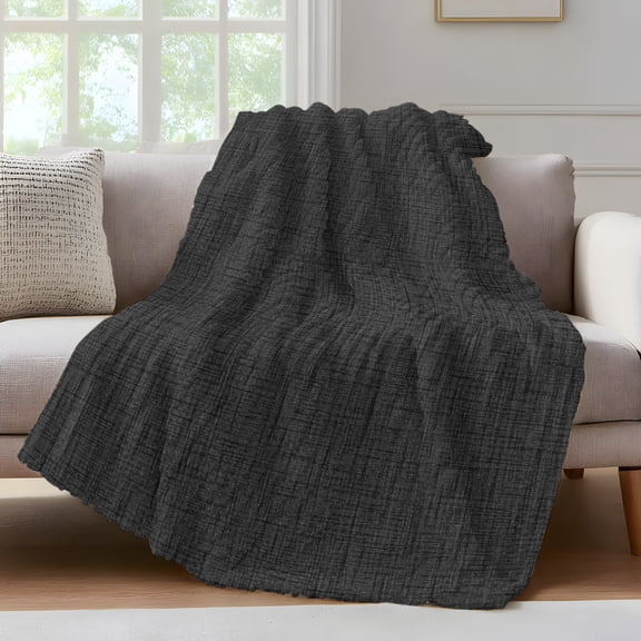 Black Solid Throw Blanket for Couch Minimalist Cloth Dark Gray Linen Texture Industrial Soft and Warm Flannel 3D Striped Fluffy Fuzzy Fleece Blanket Lightweight Throw for Bed, Sofa 30 x 40 Inches