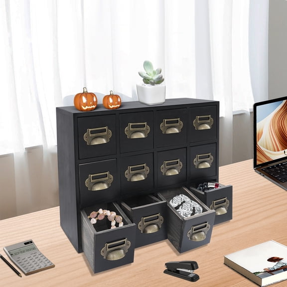 Black Solid Wood 42x16x31.7cm 12 Grid Three-Tier Drawer Storage Box Retro Medicine Cabinet Desktop Storage Organizer