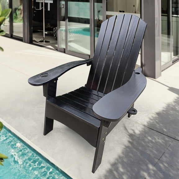 Black Solid Wood Chair With Umbrella Slot - Relax In Comfort On Patio, Deck, Porch, Garden, Poolside Compartment And Rejuvenate