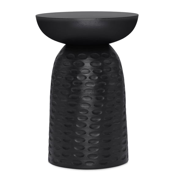 Black Solid Wood End Table, 13 Inch Mango Accent Table with Sculptural Design for Living Room, Bedroom, Office
