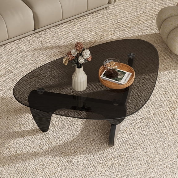 Black Solid Wood Modern Coffee Table With Tempered Glass Top Triangle Center Table For Living Room