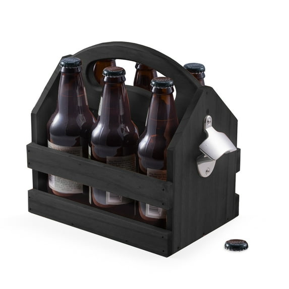 Black Solid Wood Six Pack Bottle Caddy with Ergonomic Curved Built in Handle and Bottle Opener.