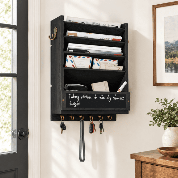 Black Solid Wood Wall Mounted Mail File Organizer with Chalkboard and Hooks