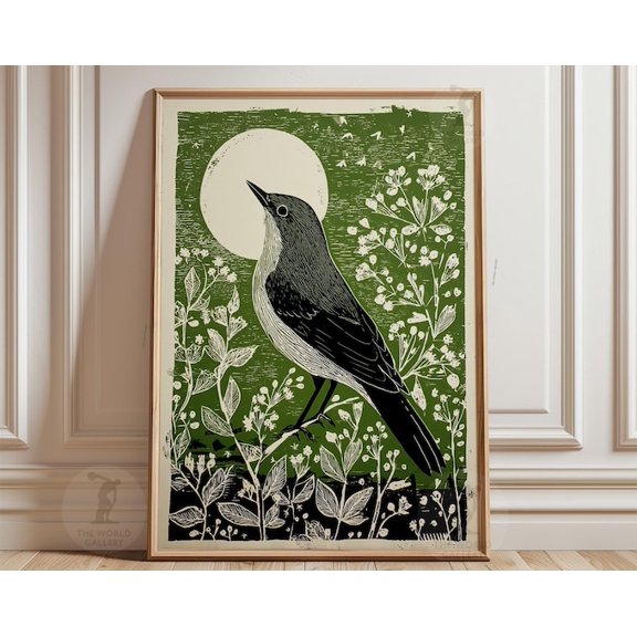 Black Songbird Botanical Green Moon Bird Vintage Woodcut Wall Art, Unframed Paper Poster 8x10in