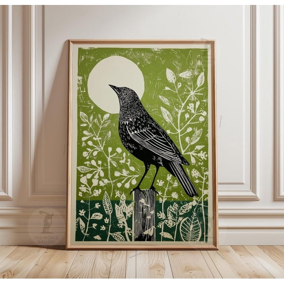 Black Songbird Botanical Wall Art Green Moon Bird Vintage Woodcut, Unframed Poster