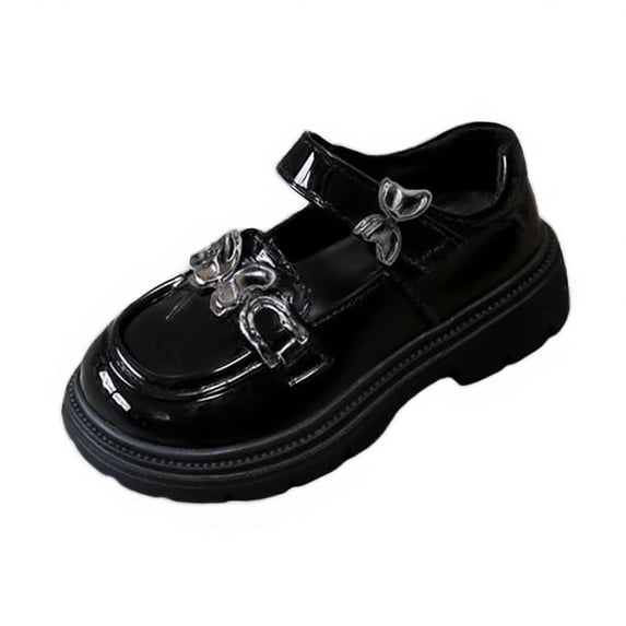 Black Sophisticated Big Kids Loafers Faux Leather Breathable Lightweight Bow Rhinestone British