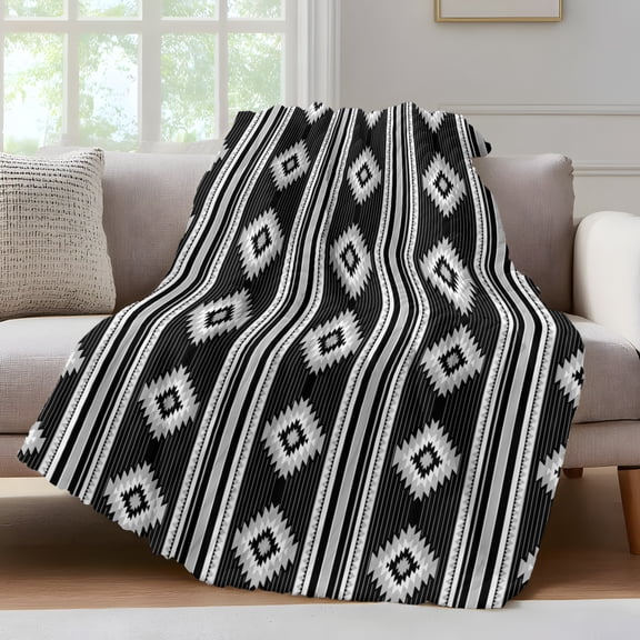 Black Southwestern Throw Blanket for Couch Aztec Diamond Motif Tribal Geometric Soft and Warm Flannel 3D Striped Fluffy Fuzzy Fleece Blanket Lightweight Throw for Bed, Sofa 30 x 40 Inches
