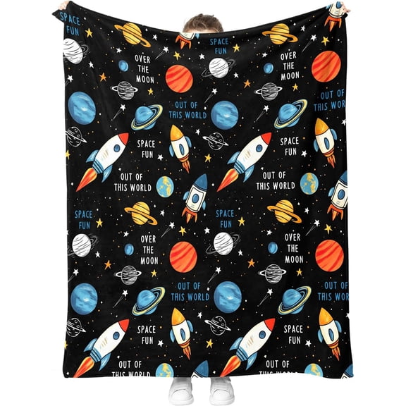 Black Space Galaxy Rocket and Planet Pattern Throw Blanket Soft Plush Fleece for Kids Room Decor