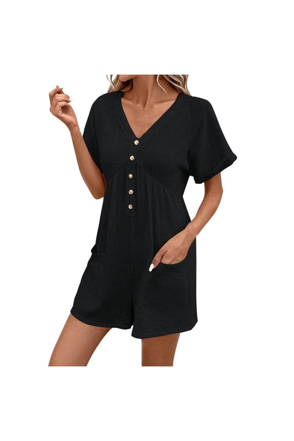 Black Spandex Jumpsuits Shortalls for Women Fall Summer Pleated Straight Leg Plain Bib Pants Shortalls Shorts Romper Womens Button 2026 Clothing XXL