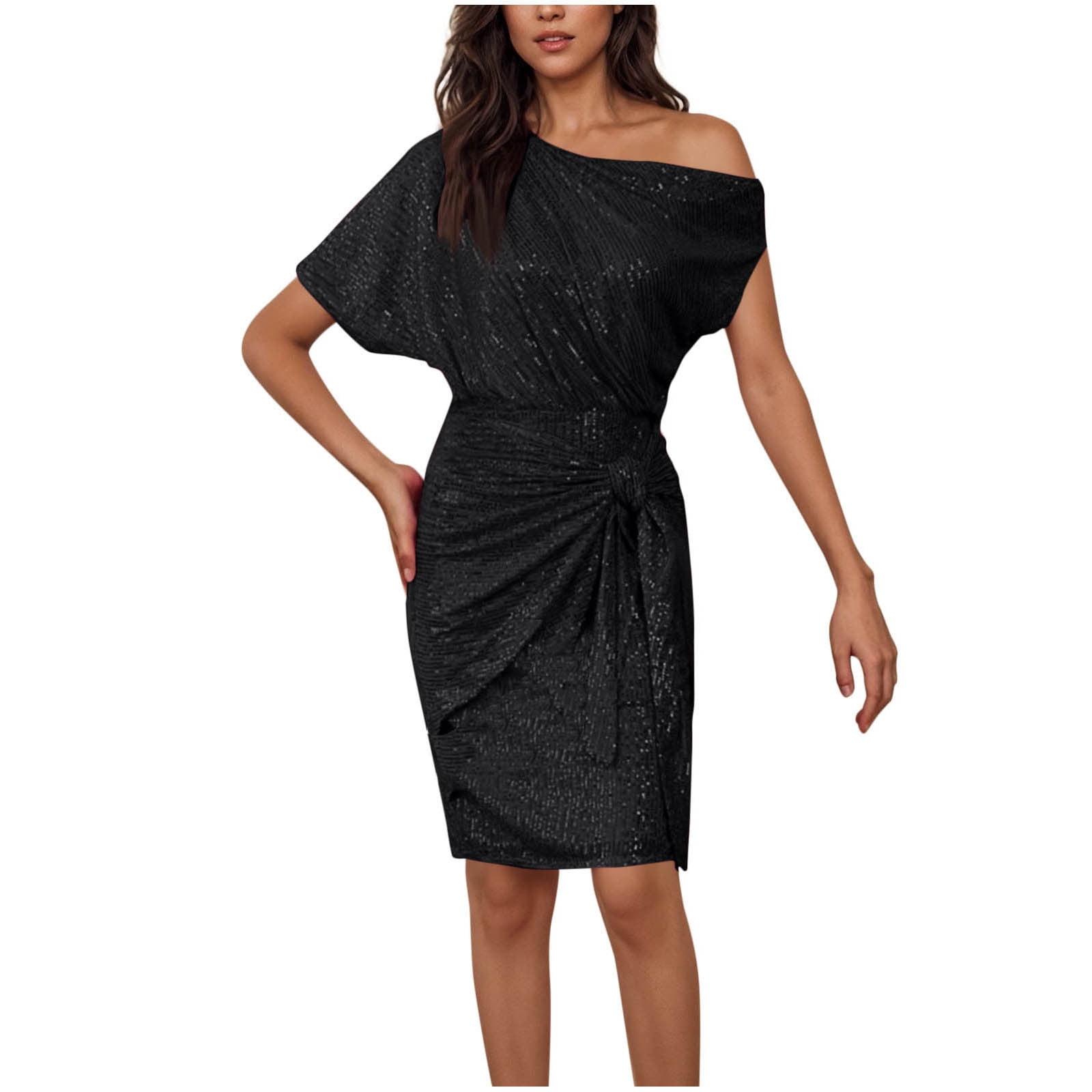 Black Spandex for Juniors Summer Fall Short Sleeve Off One Shoulder Midi  Mini Little Knee Length Sequin Sparkly Tie Knot Glitter Plain Dress Women  2025 Clothing Y2K XXL - Walmart.com