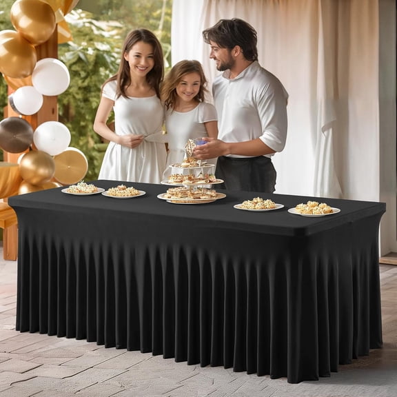 Black Spandex Tablecloth for 8ft Rectangle Tables, Stretchable Table Cover Skirt for Folding Tables Weddings Parties Banquets Events Trade Shows and Dessert Table