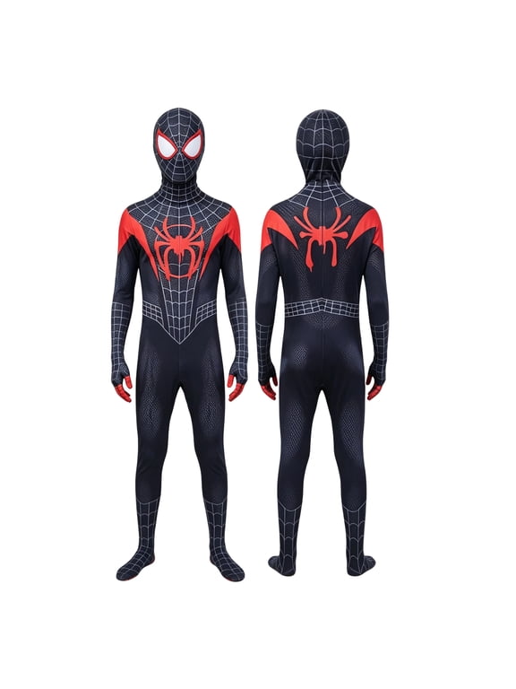 Black Spider Superhero Multiverse Cosplay Jumpsuits, Elastic Zentai Bodysuit with Mask for Halloween Stage Performance for Boys